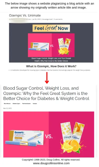 Image showing a website plagiarizing my blog article titled 'Blood Sugar Control, Weight Loss, and Ozempic: Why the Feel Great System is the Better Choice for Diabetes & Weight Control' with an arrow pointing to the original title and image.