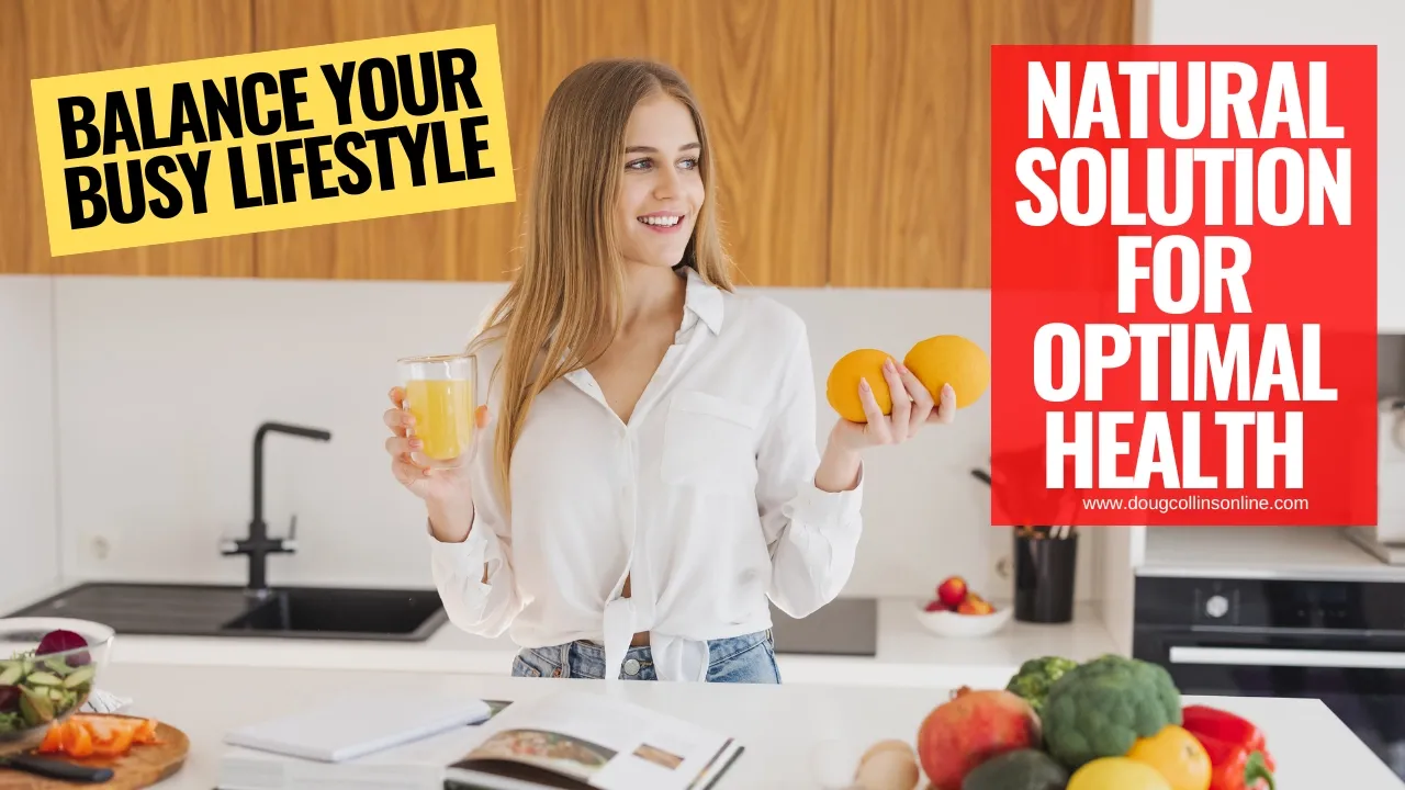 Image of a woman in a kitchen holding a glass of Unicity Balance in one hand and oranges in the other. Text overlay reads 'Balance Your Lifestyle - Natural Solution for Optimal Health'. Unicity Balance is a natural fiber drink that promotes physical, mental, and emotional well-being