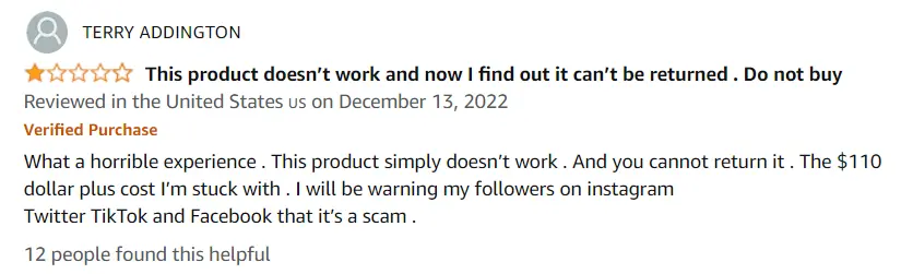 Screen capture of an Amazon review for Feel Great products with comment 'do not buy cannot return to amazon'