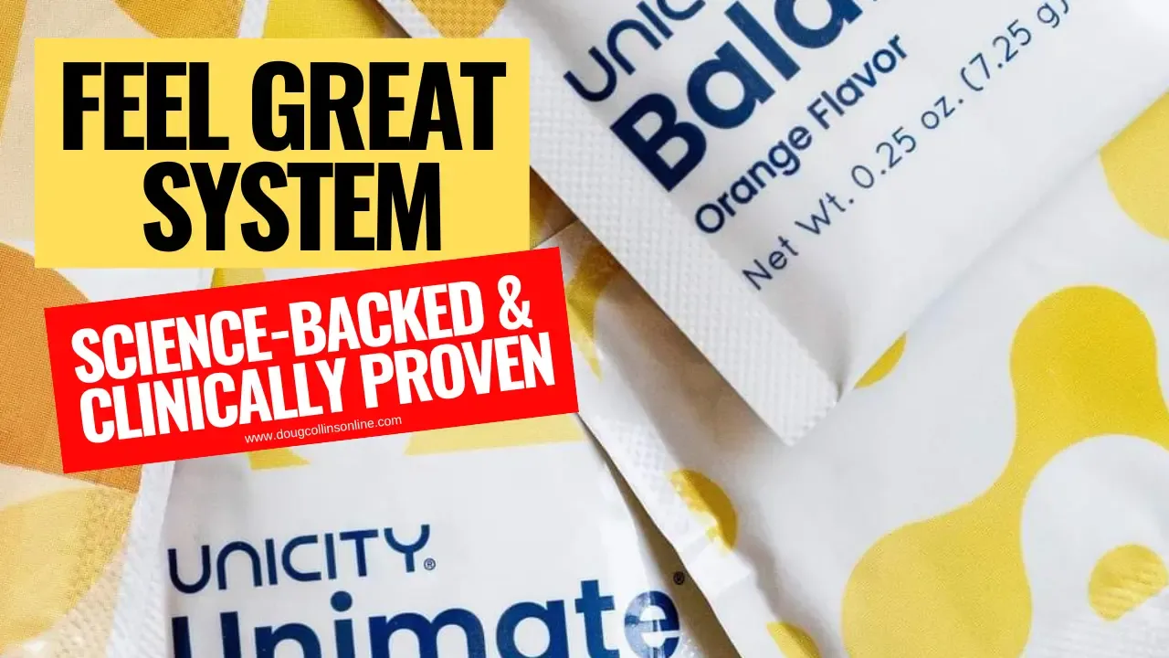 Close-up of Unimate and Balance packets stacked on top of each other with text overlay stating 'Feel Great System: Science-Backed & Clinically Proven'