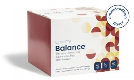 Unicity Balance limited-edition Apple Crush flavor box showcasing nutritional details.