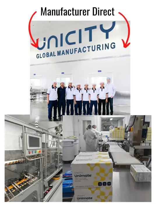 Team of Unicity Global Manufacturing standing in the production facility with 'Manufacturer Direct' sign above, and a close-up of Unimate packaging in the manufacturing line.