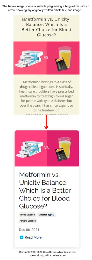 Image showing a website plagiarizing my blog article titled 'Metformin vs. Unicity Balance: Which Is a Better Choice for Blood Glucose?' with an arrow pointing to the original title and image.