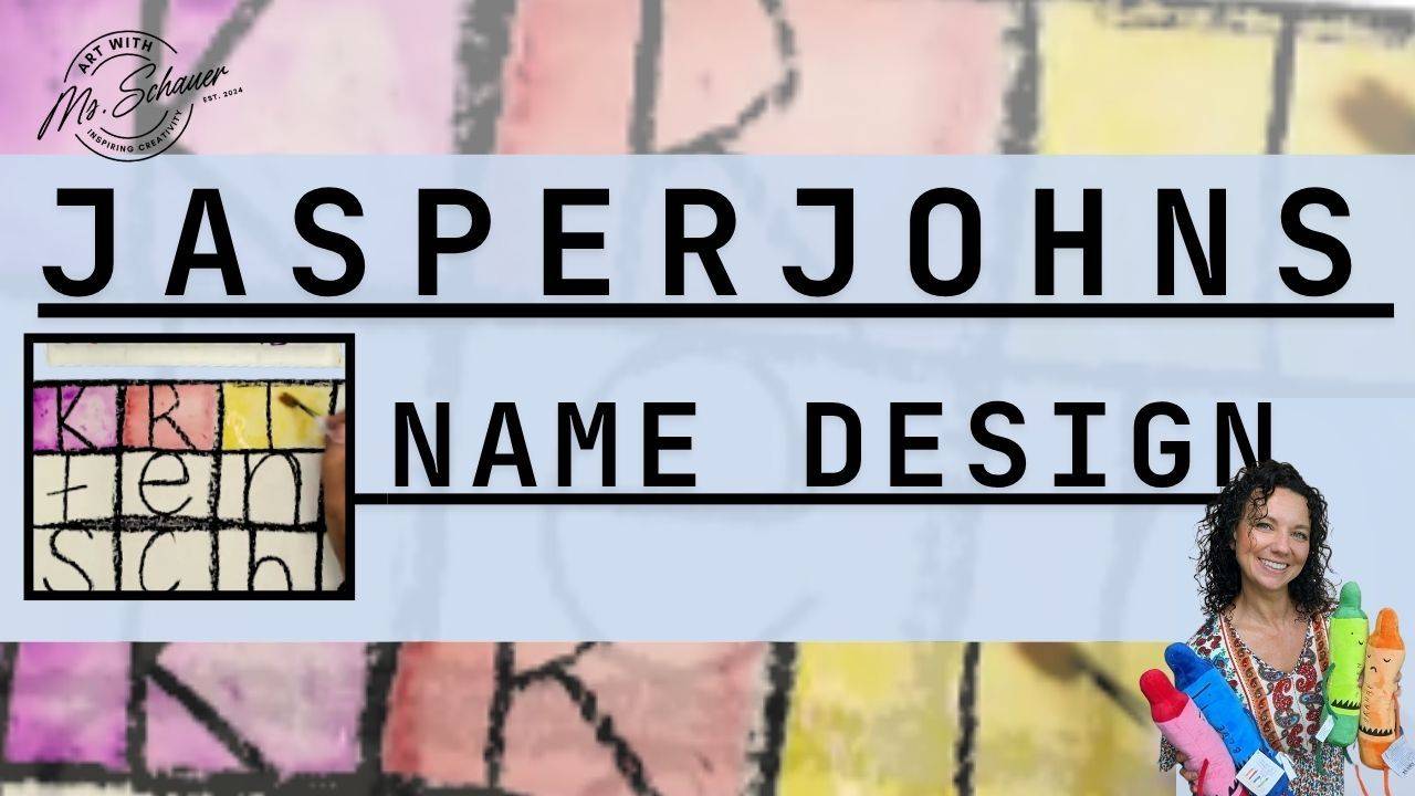 Second grade Jasper Johns-inspired name art project featuring bold letters, colorful tempera paint, and creative personal symbols on folded grid paper.