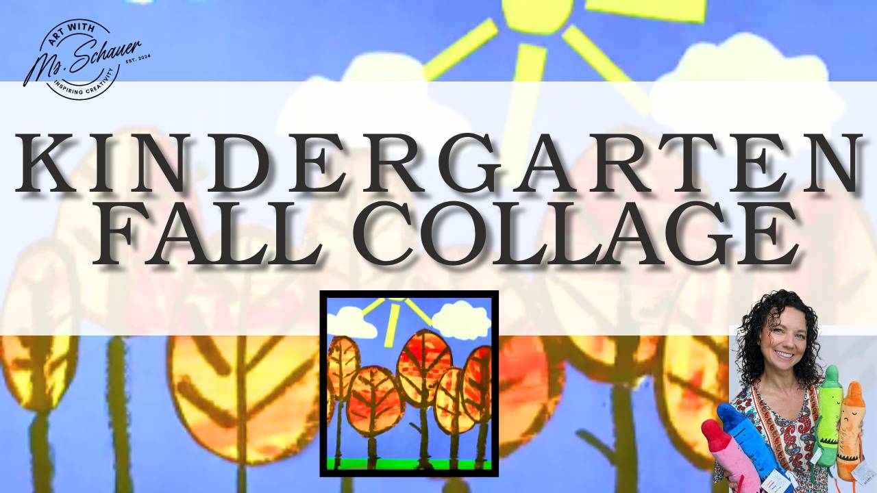 Kindergarten fall landscape art project featuring painted paper, yellow suns, white clouds, and colorful tree tops created with tempera paint sticks.