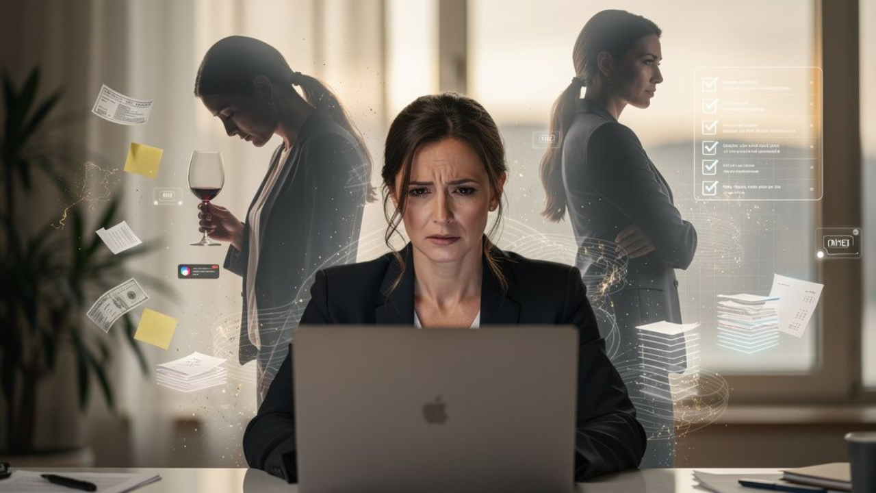 “Silhouettes of a woman at war with herself — one calmly working at her laptop, the other in shadow holding a glass of wine — inside a stark, modern office. The tension between control and craving is palpable.”