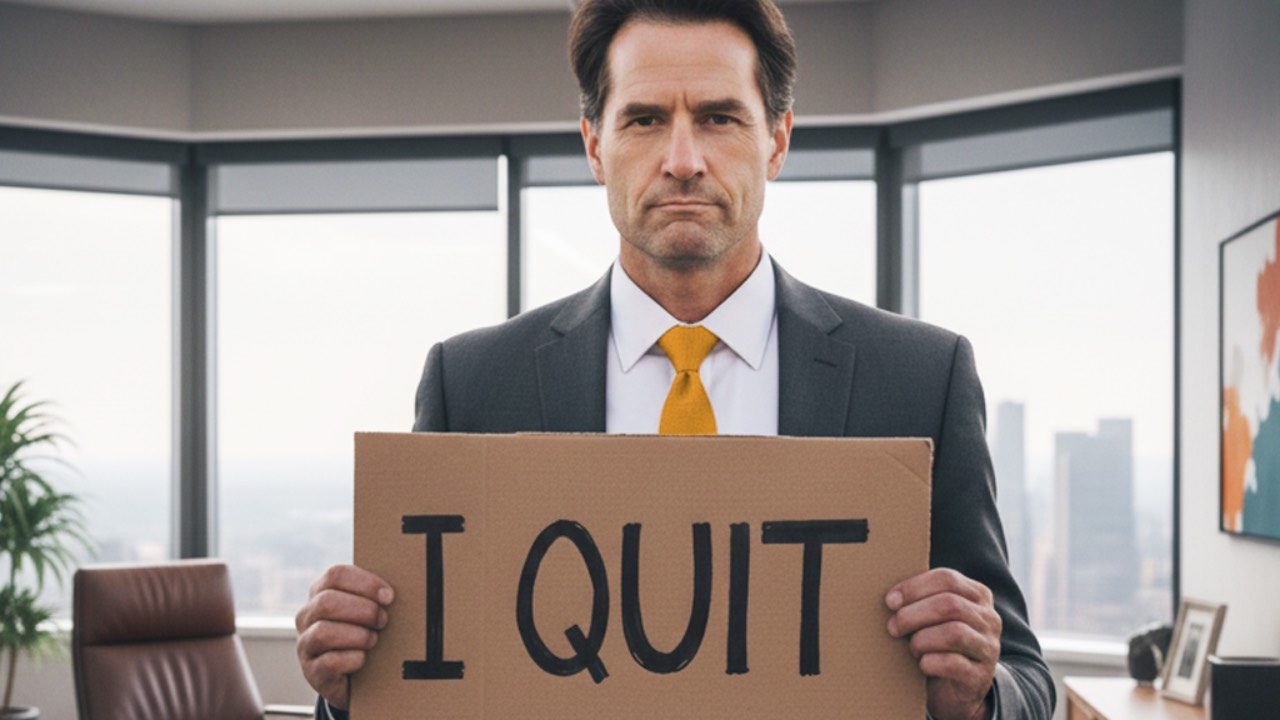 a business leader holds up a sign that says I QUIT