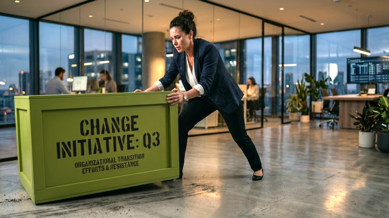 A businesswoman pushes a heavy crate across the office. On the crate it says: Change Initiative: Q3.