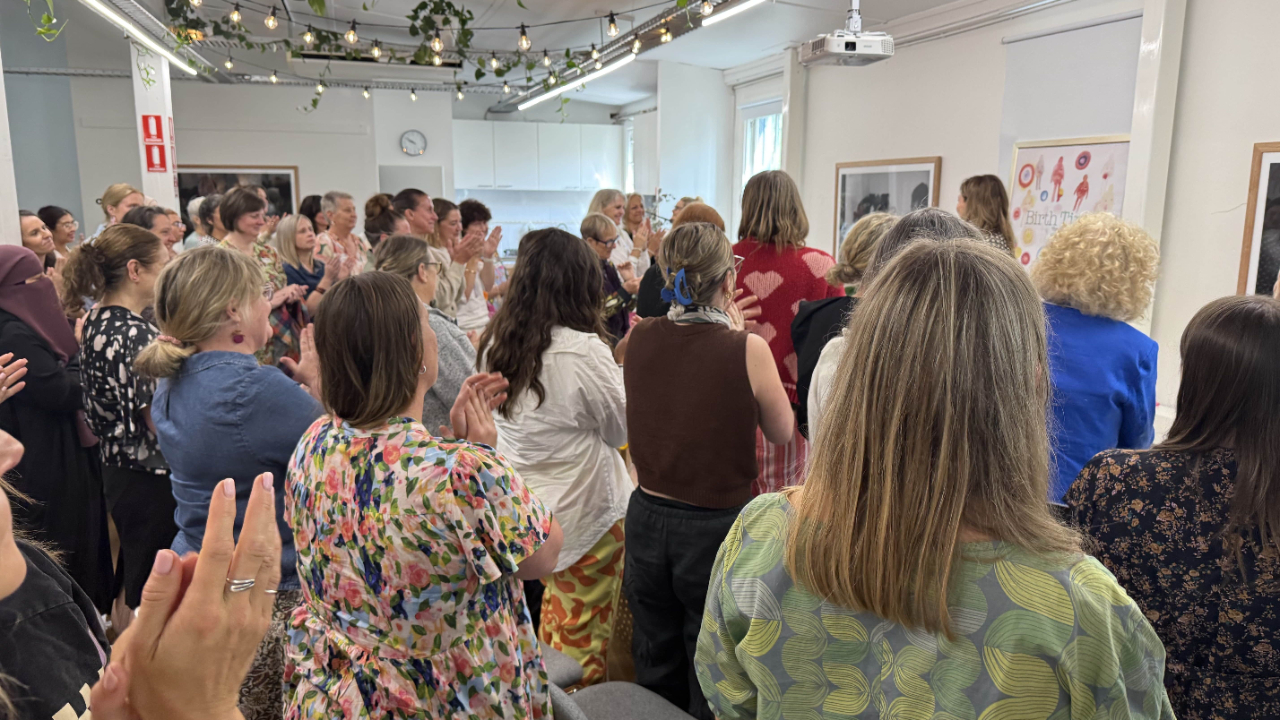 A group of midwives, doulas, researchers, and birth professionals standing at a conference.