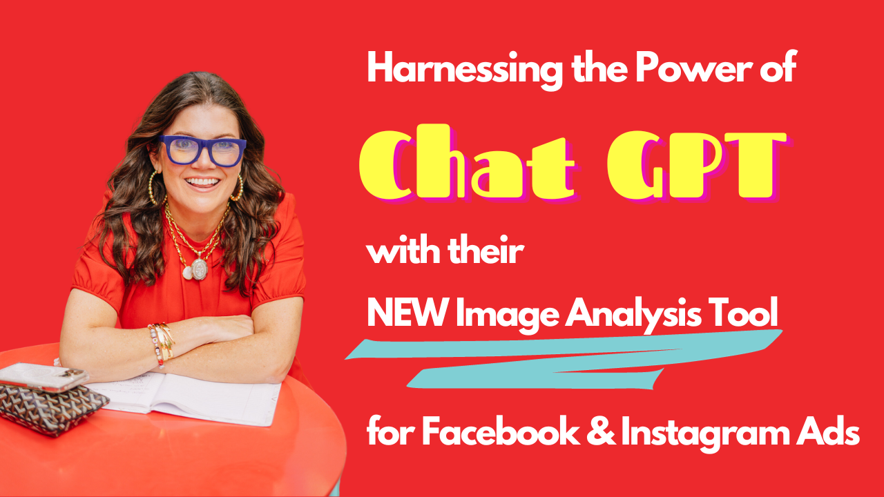 Blog author sitting at a red cafe table with her arms crossed and blue glasses on smiling at the camera because she is excited to share infomration about the latest tool Chat GPT released.