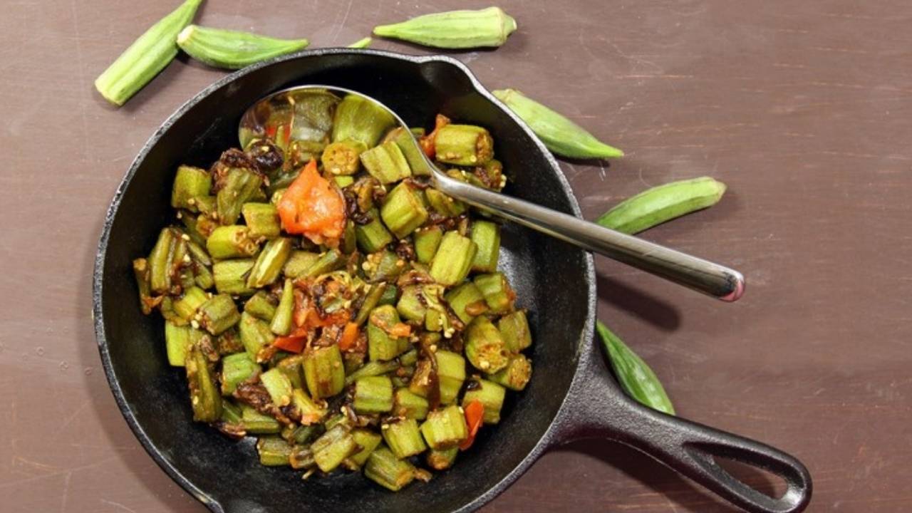 skillet with pan roasted okra