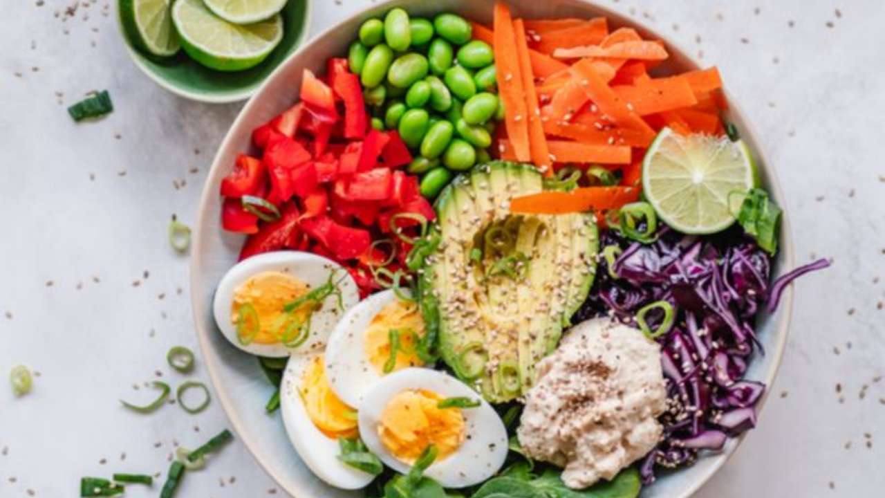 avocado, egg, veggies bowl