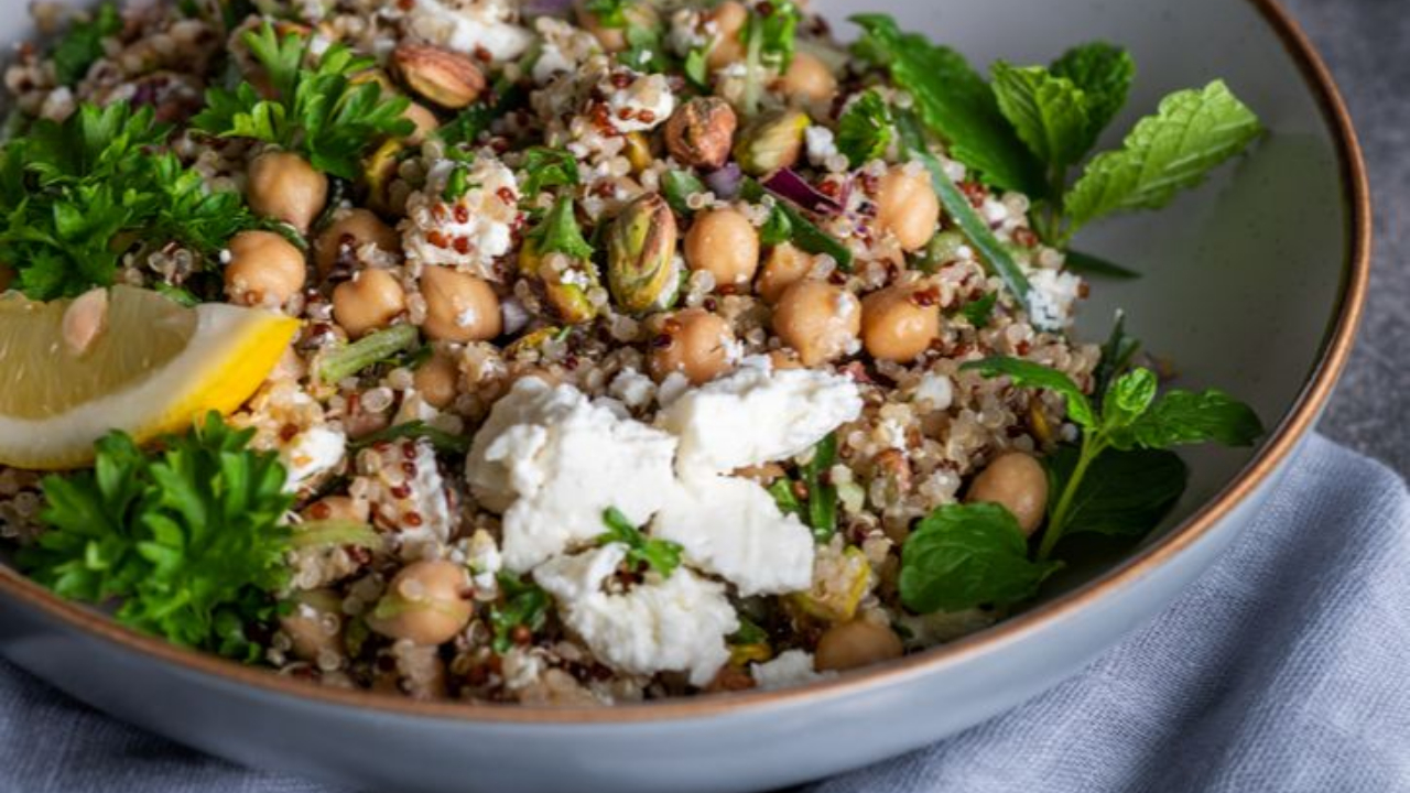 chickpea quinoa salad with feta and mint