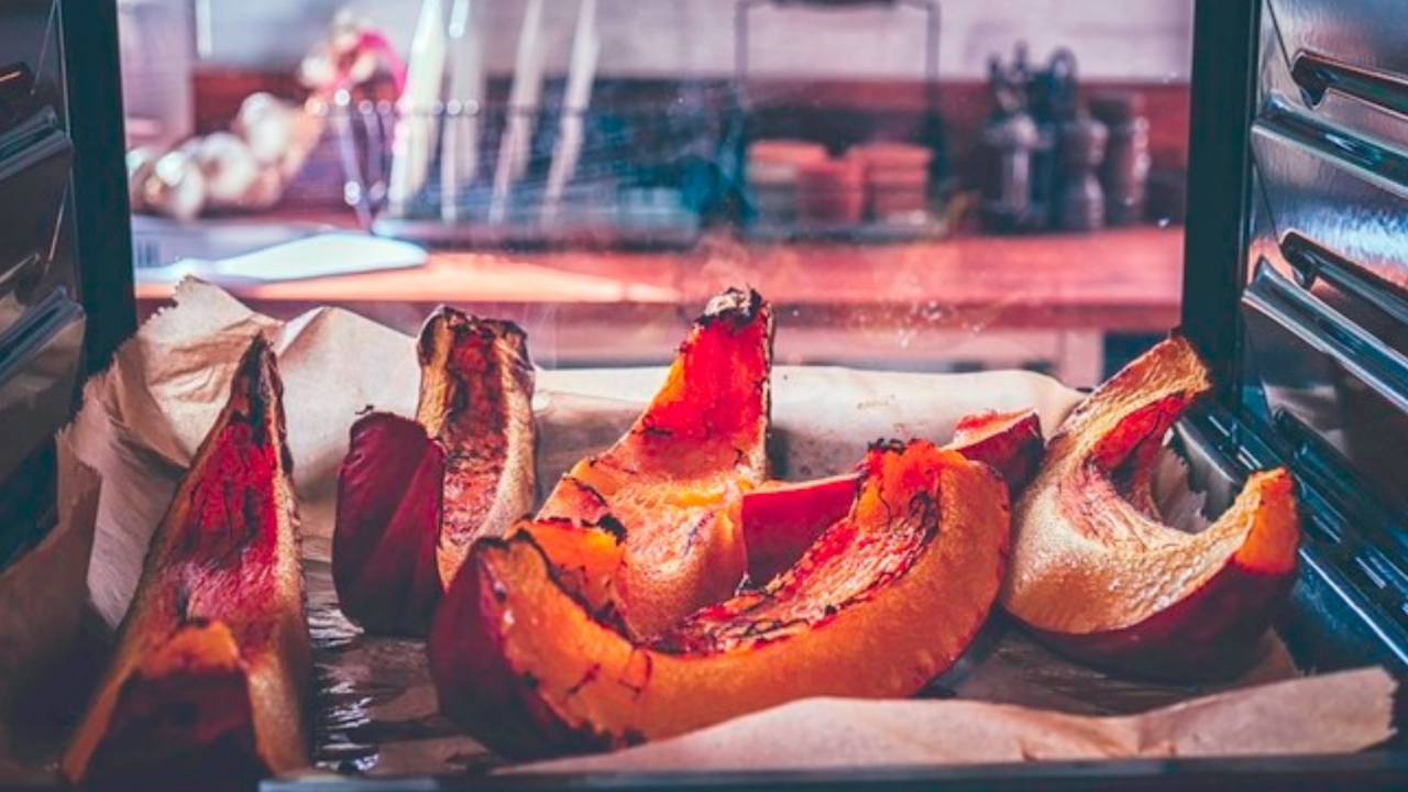 pumpkins baking in the oven