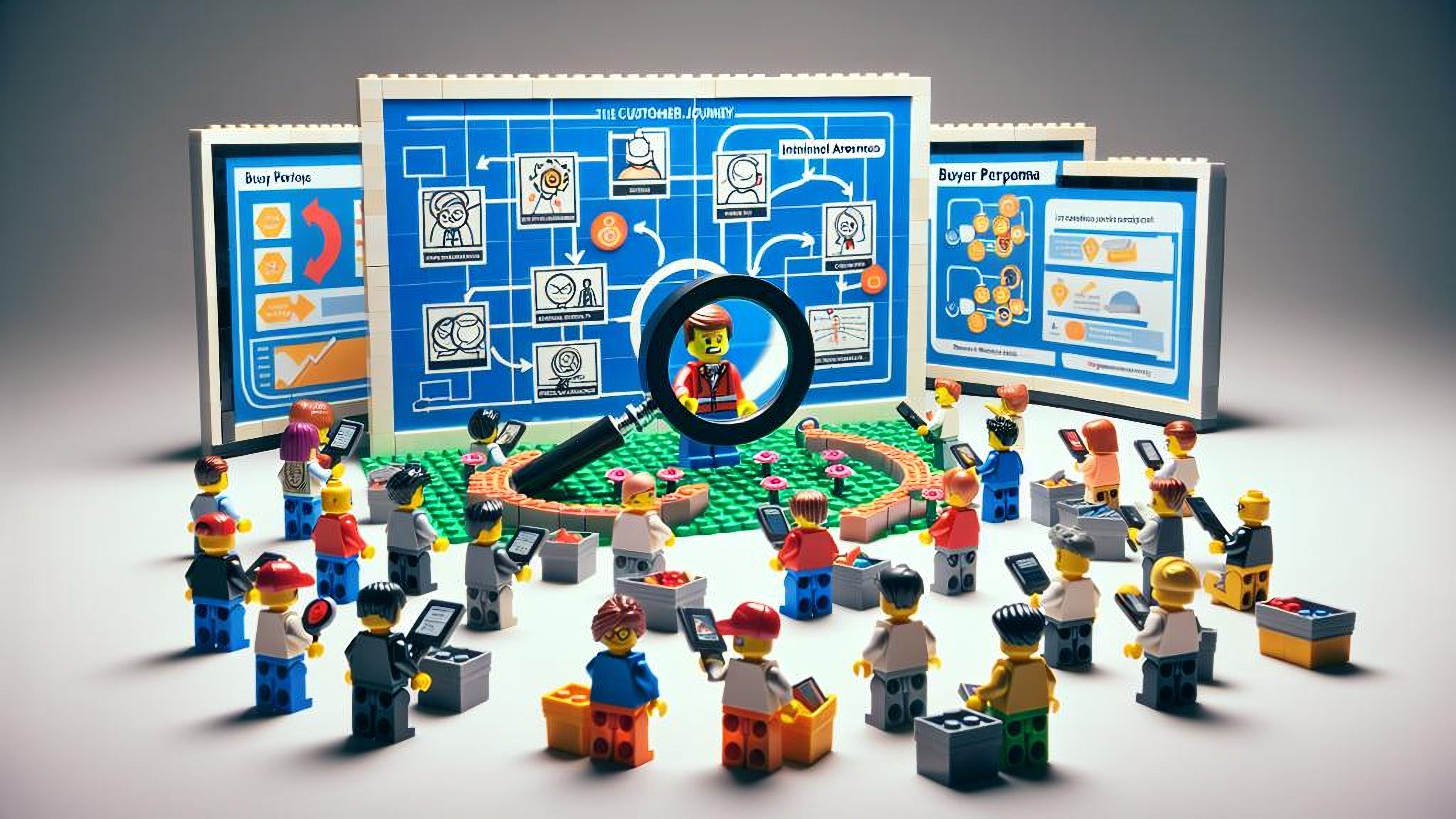 LEGO-style marketing team analyzing a customer journey map and buyer personas, with a magnifying glass highlighting a central figure on a strategy board.