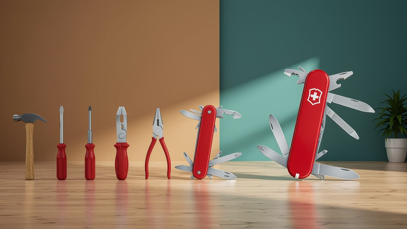 A progression from simple hand tools to a Swiss Army knife, illustrating increasing complexity and multifunctionality.