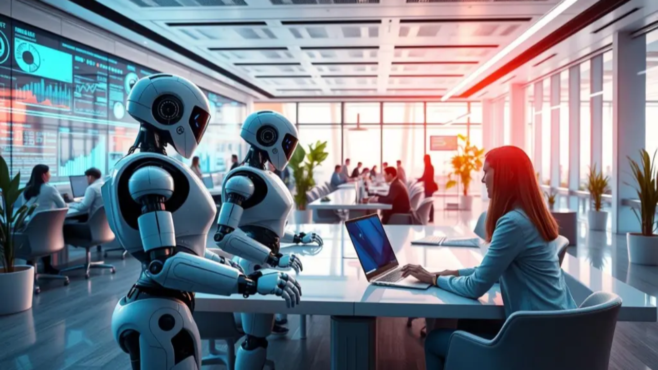 AI robots assisting a professional in an office
