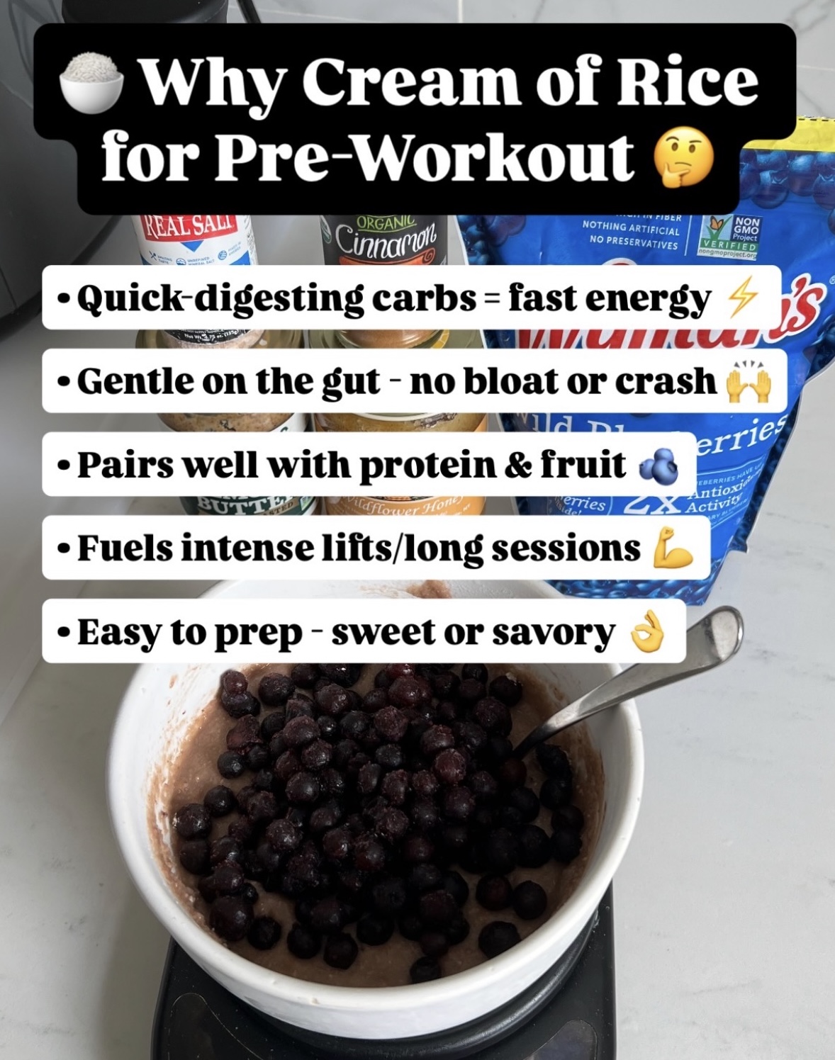 Why cream of rice for pre-workout: quick-digesting carbs, gentle on the gut, pairs well with protein and fruit, fuels intense lifts, easy to prep