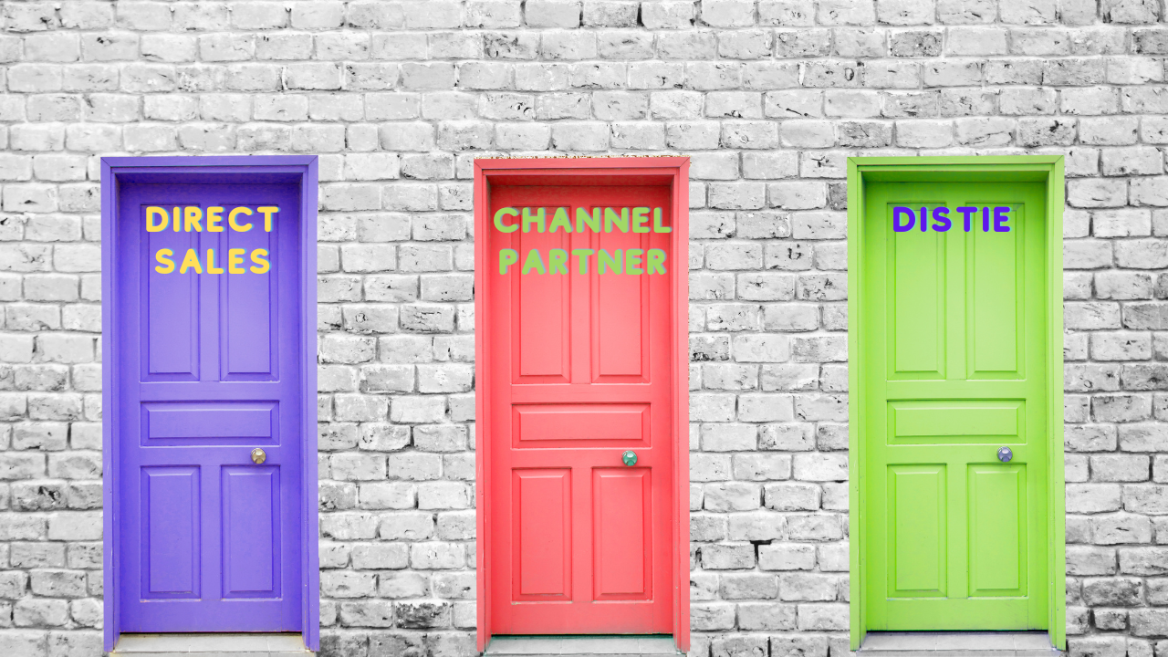 Three doors representing the choice of direct sale or channel partner or distributor (distie)