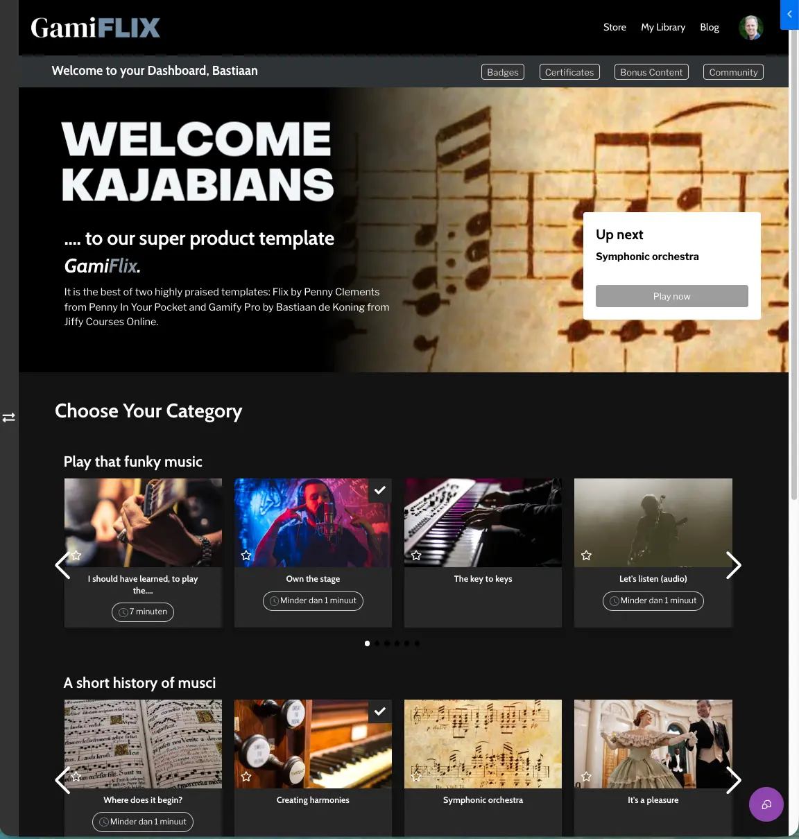 GamiFlix Kajabi template met een hero-sectie en horizontale contentsliders