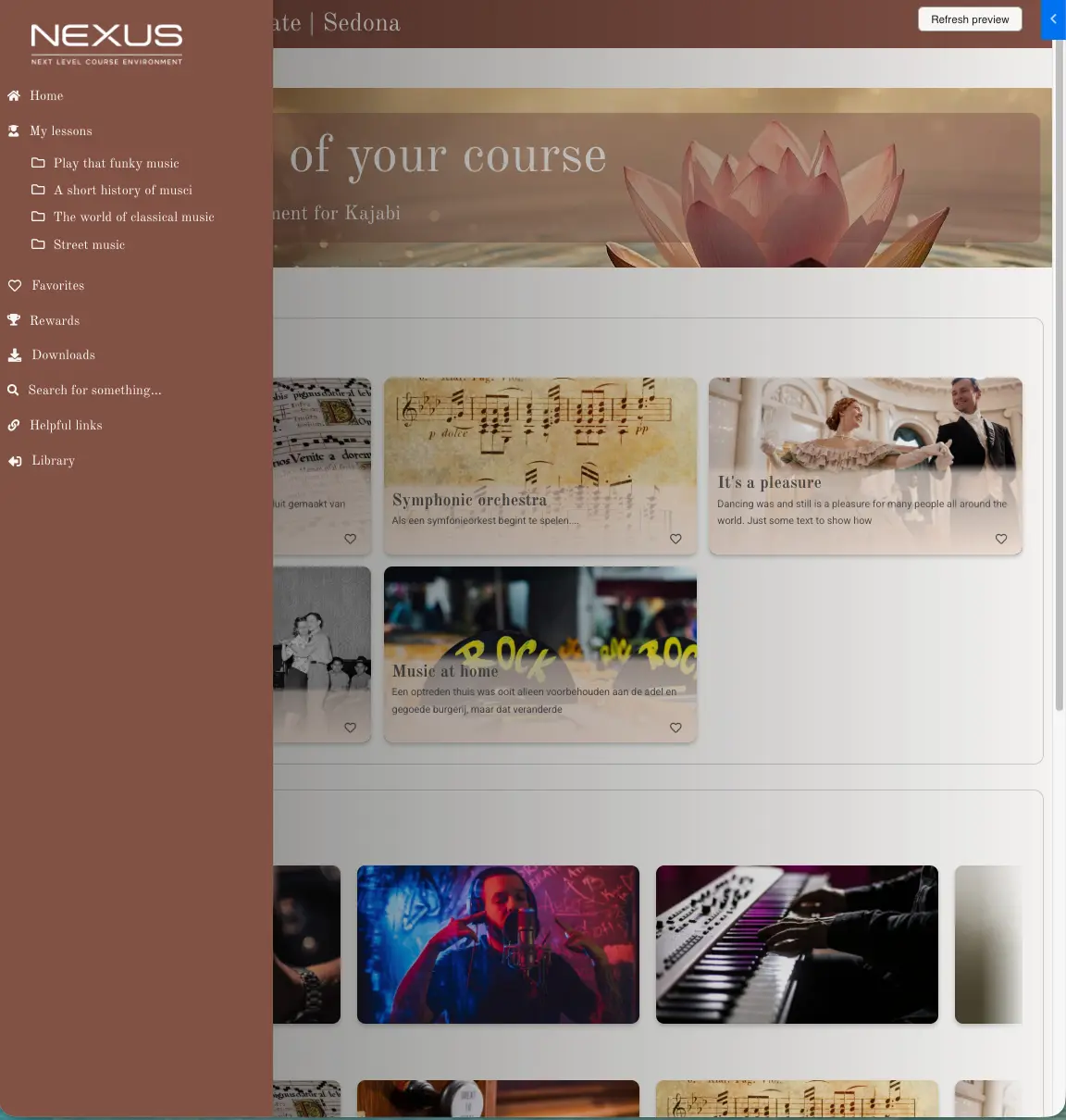 Nexus cursusomgeving met uitgebreide sidebar-navigatie en content in collecties