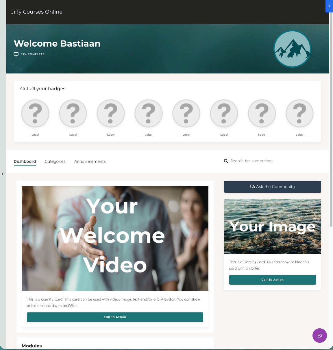 Gamify Pro with Sidebar met zijnavigatie in een Kajabi cursus