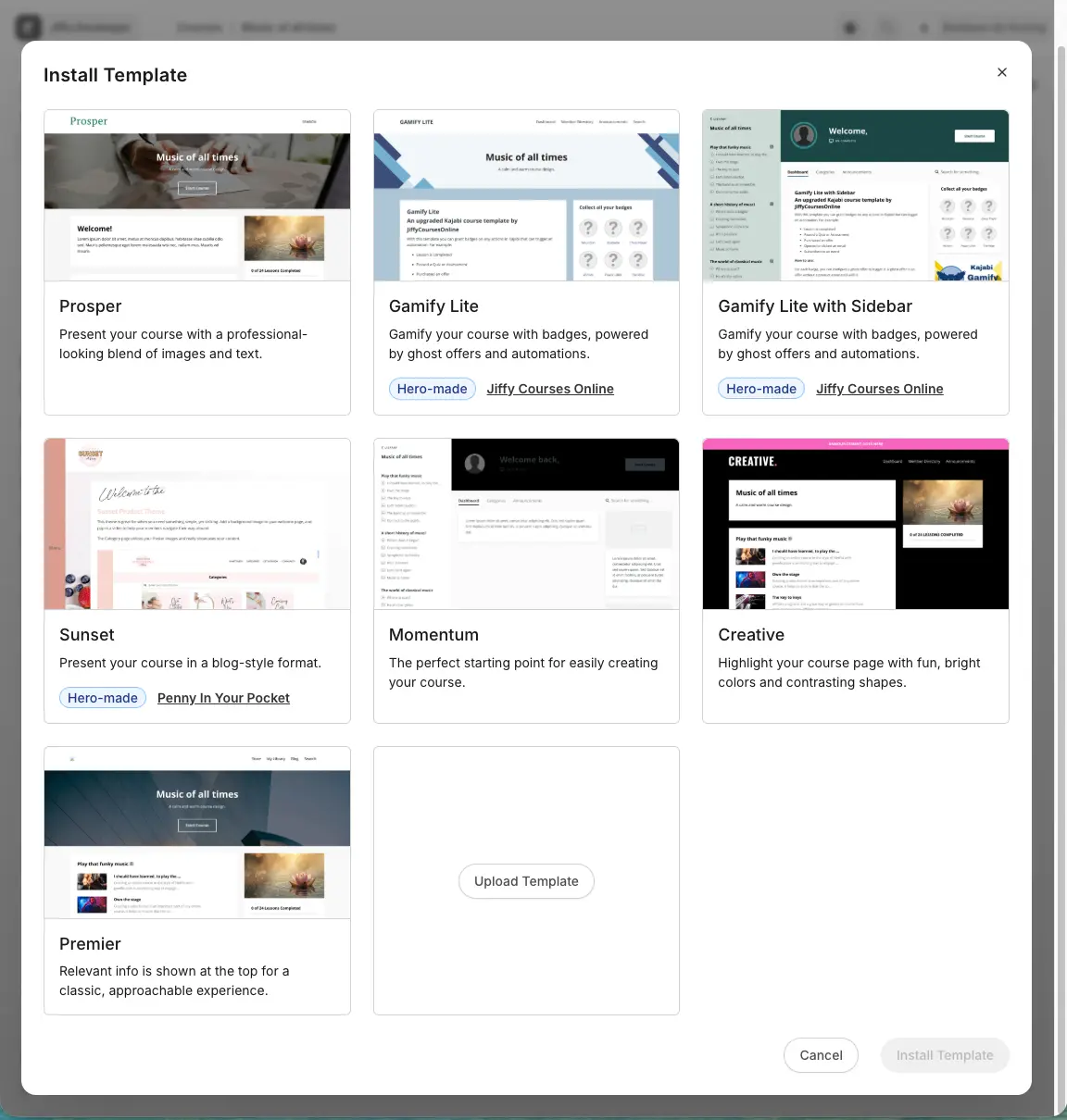 Gratis Kajabi course templates naast elkaar: Gamify Lite, Gamify Lite with Sidebar en Sunset