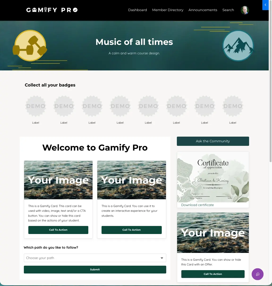 Gamify Pro cursusomgeving met badges, gamification cards en confetti