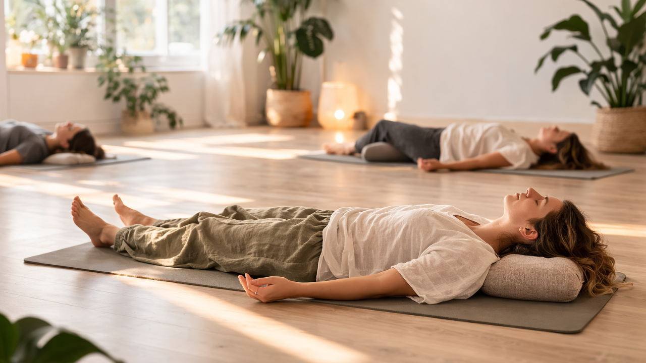 Personnes allongées en relaxation dans un studio lumineux pendant une séance de yoga nidra ou de yoga restauratif.