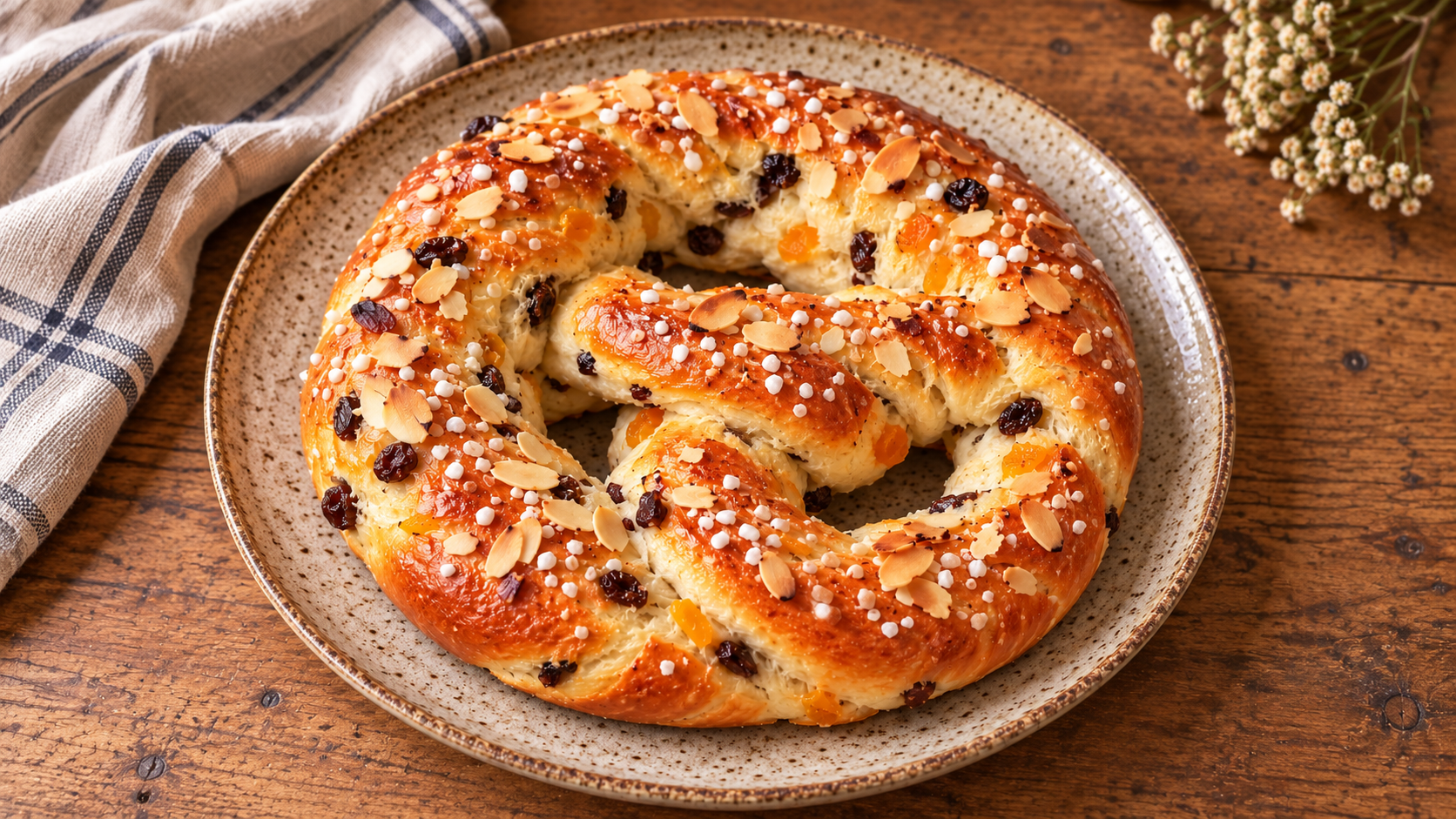 Latvian klingeris pretzel-shaped sweet bread topped with almonds