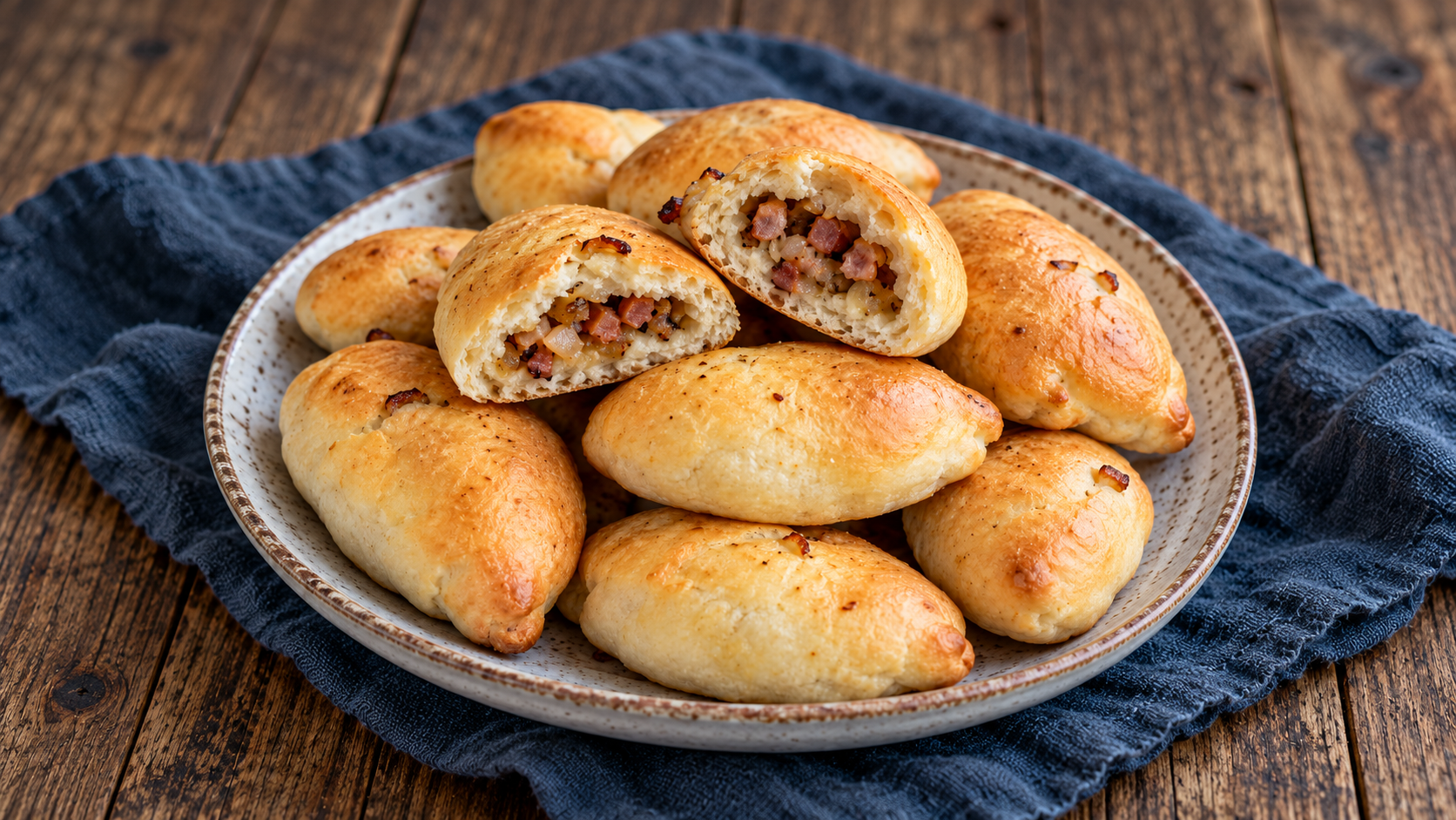 Latvian bacon buns (piradzini) golden and shiny on a tray