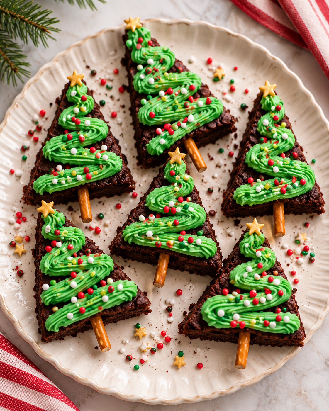 Christmas tree brownies with green frosting, sprinkles and pretzel trunks