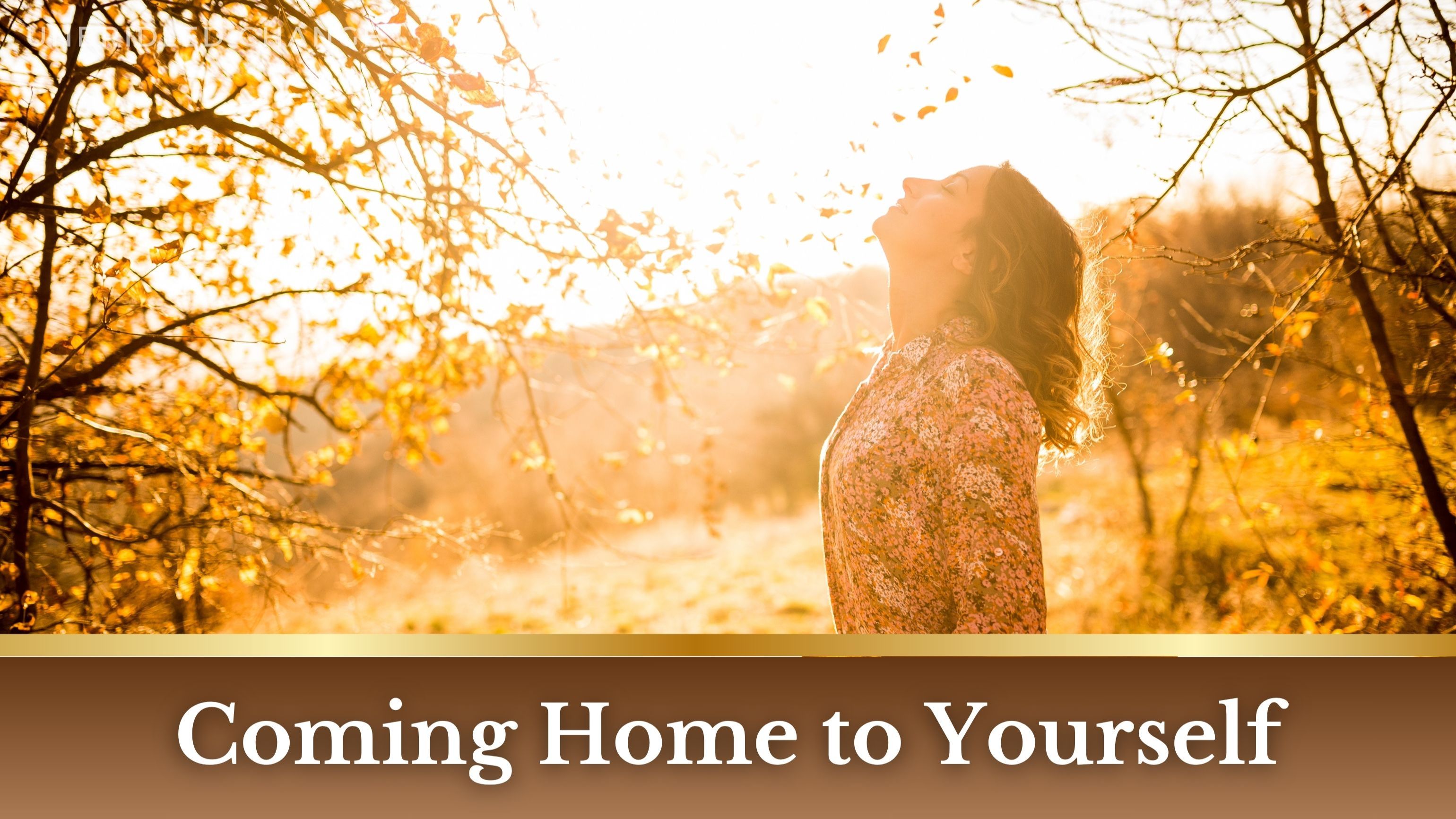 A woman standing in golden autumn sunlight with her eyes closed and face tilted upward, surrounded by glowing yellow leaves. Below the image is a brown banner with the text "Coming Home to Yourself" in a white serif font.