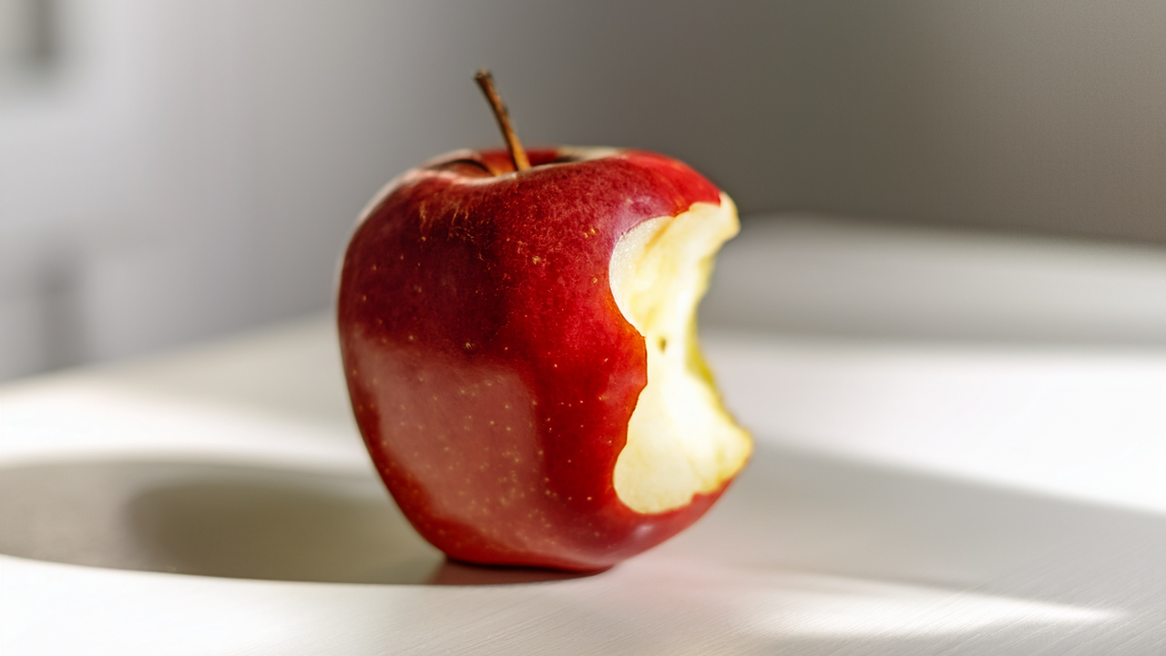Half eaten apple, sitting on a counter-top.