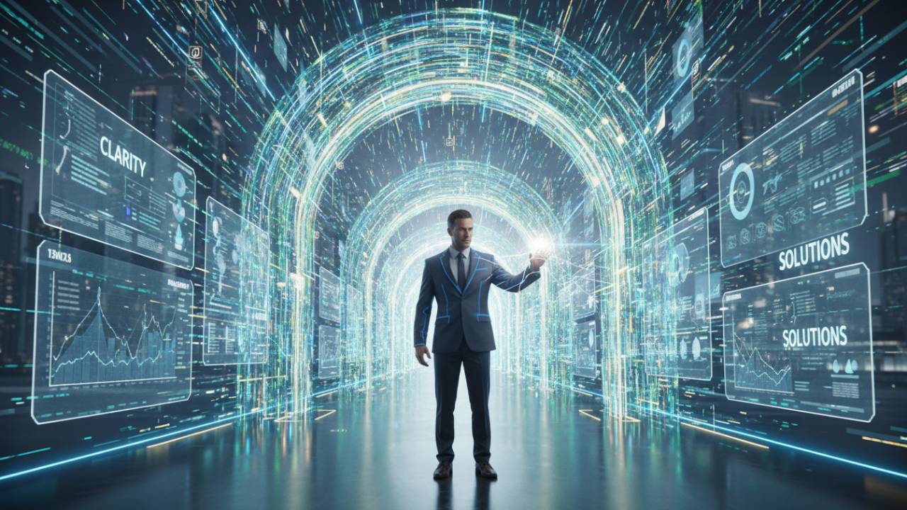 Answer Engine Optimisation Graphic showing a futuristic visual of a coach standing in front of a glowing corridor of answers