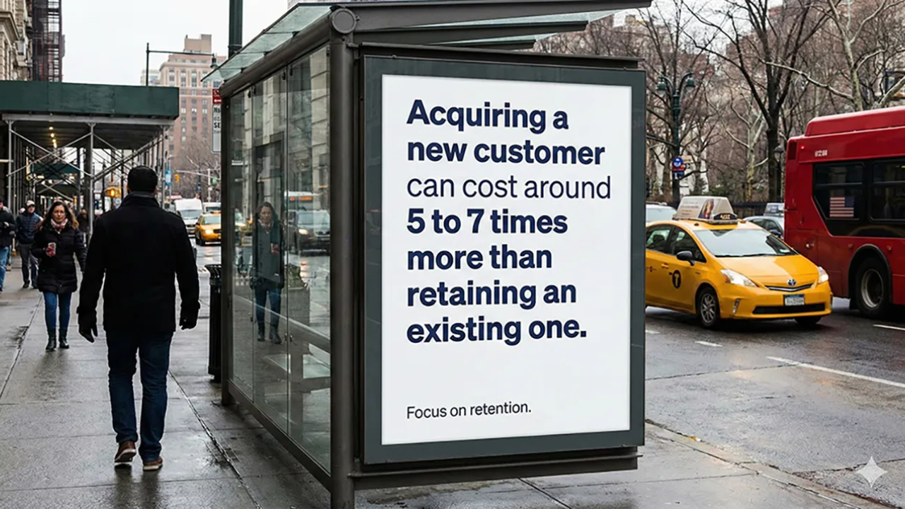 Customer Cost Acquisition sign on a bus top. Image by Andy Brown, Kajabi Expert