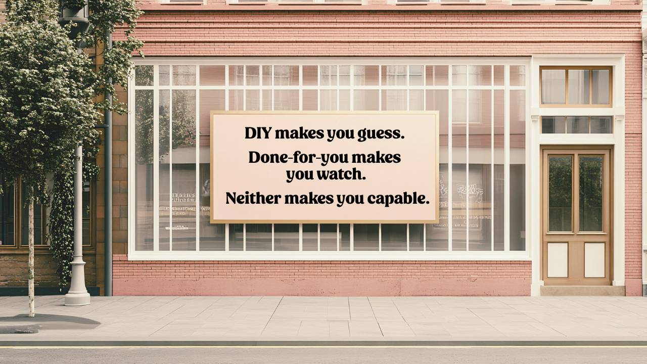 Roadside billboard graphic about done-with-you services replacing done-for-you dependency