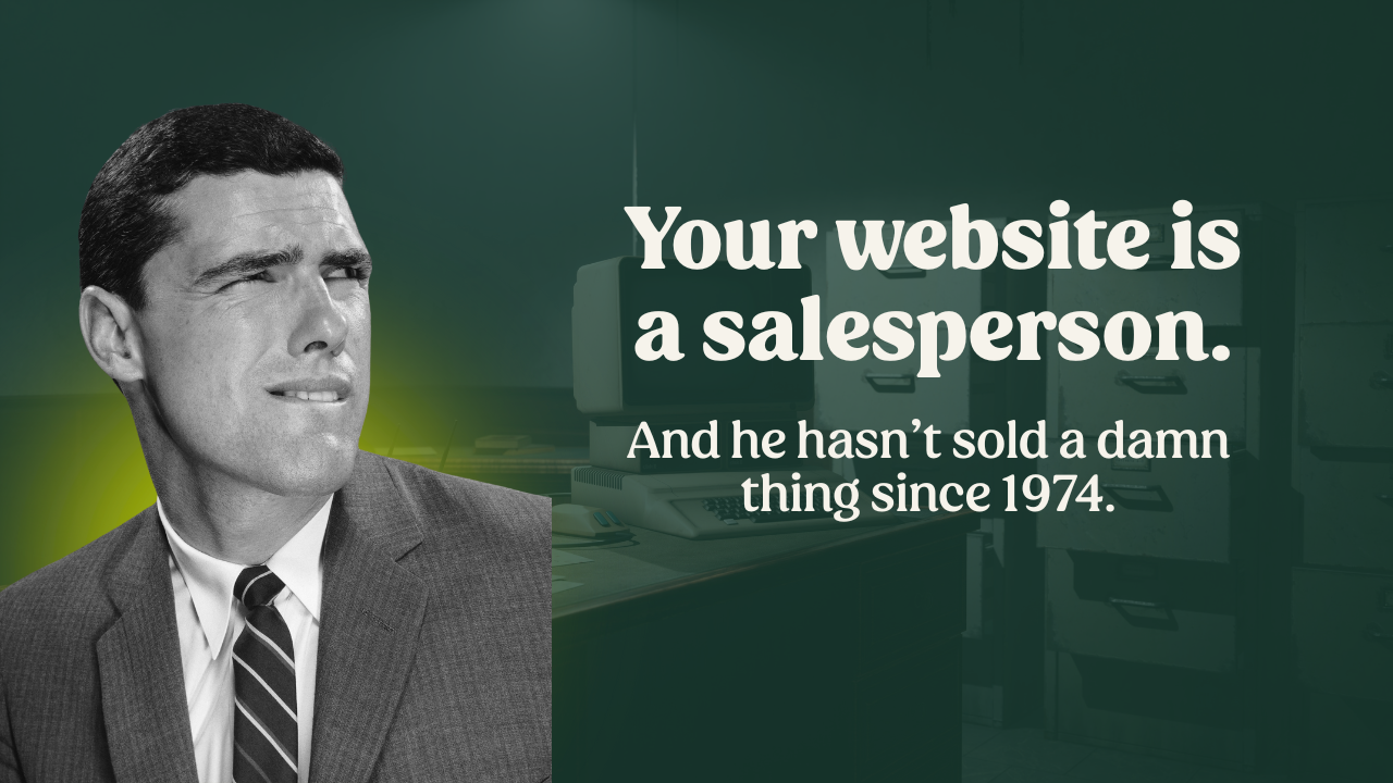 Retro black-and-white photo of a man in a suit making an awkward face, used as a metaphor for a website acting like a bad salesperson.