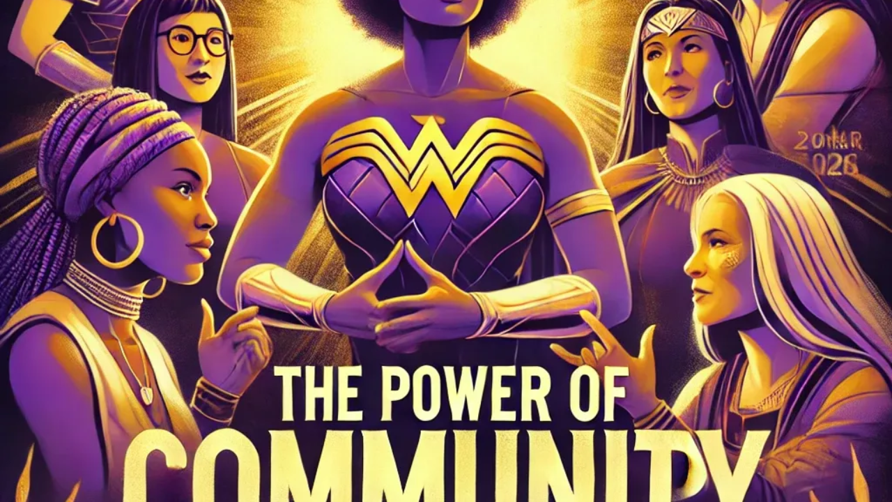 A powerful and inspiring group of confident women engaged in discussion, symbolizing leadership, connection, and empowerment for Warrior Day 2025. The image features deep purples, golds, and blacks, conveying strength and prestige, with event details highlighting the importance of community and next-level leadership breakthroughs.