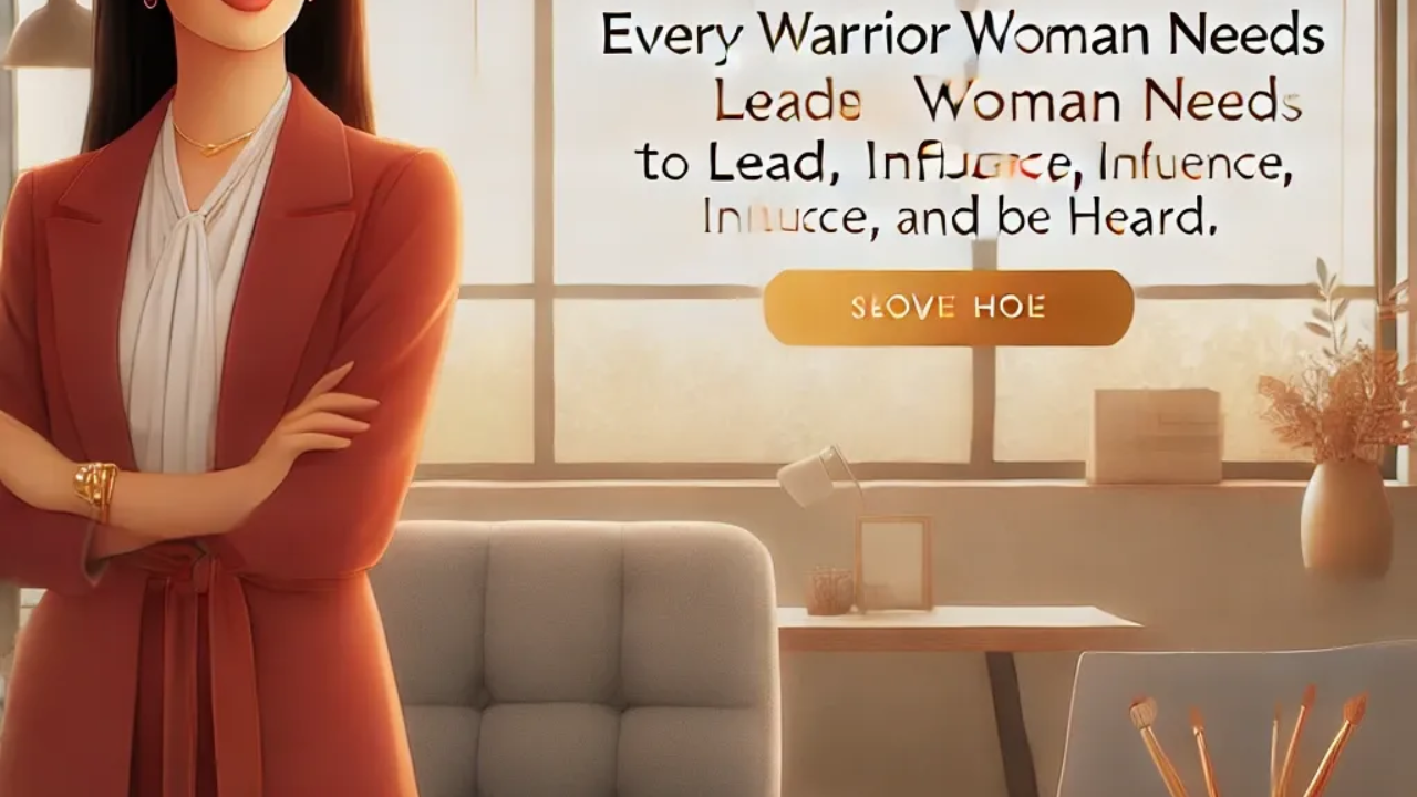 A confident professional woman standing in a modern, softly lit workspace, symbolizing leadership, clarity, and empowerment—ideal for a blog about the Warrior Woman FastTrack Guide.