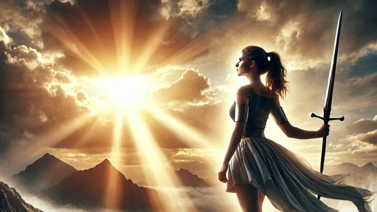 A powerful and determined warrior woman standing on a mountaintop, symbolizing victory, resilience, and divine anointing as the sun breaks through the clouds.