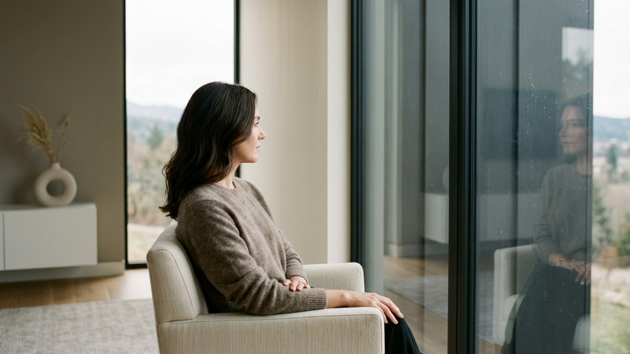 Woman sitting by a window in quiet reflection, representing emotional disconnection and self-abandonment in high-achieving women