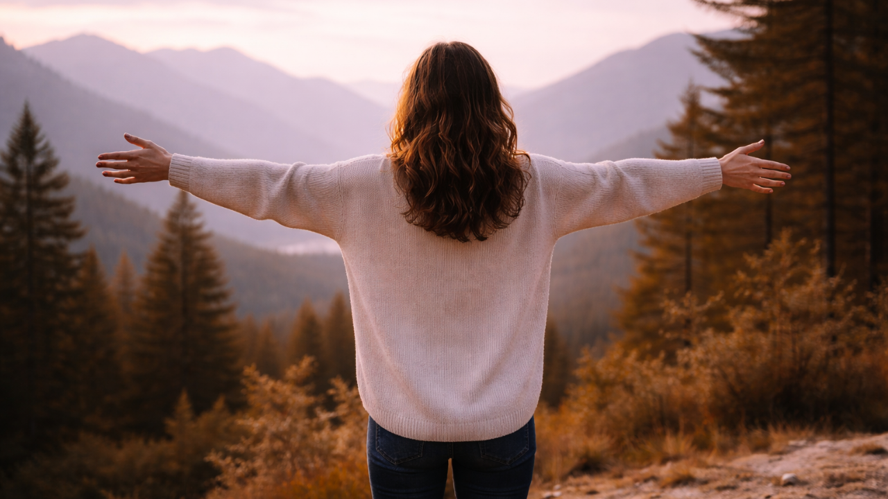 Woman standing with arms open facing mountains, symbolizing freedom, self-worth, and reclaiming personal power.