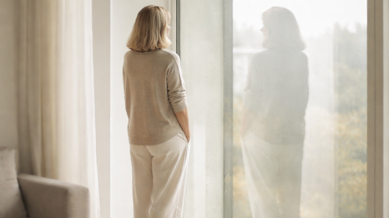 Woman standing by a window reflecting quietly, symbolizing introspection, emotional healing, and the mother wound