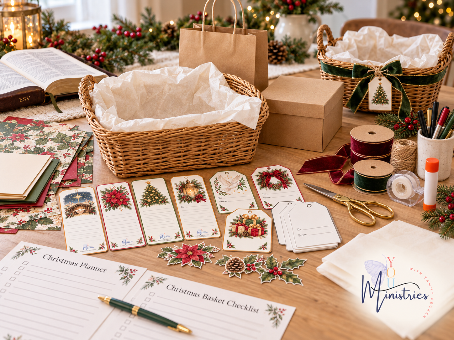 Empty Christmas gift basket beside ribbon, cardstock, paper decorations, scissors, and pens