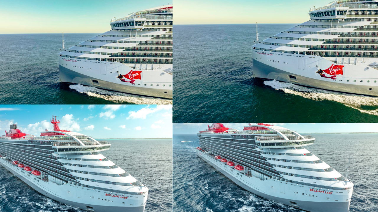 picture of the bow of all 4 virgin voyages ships