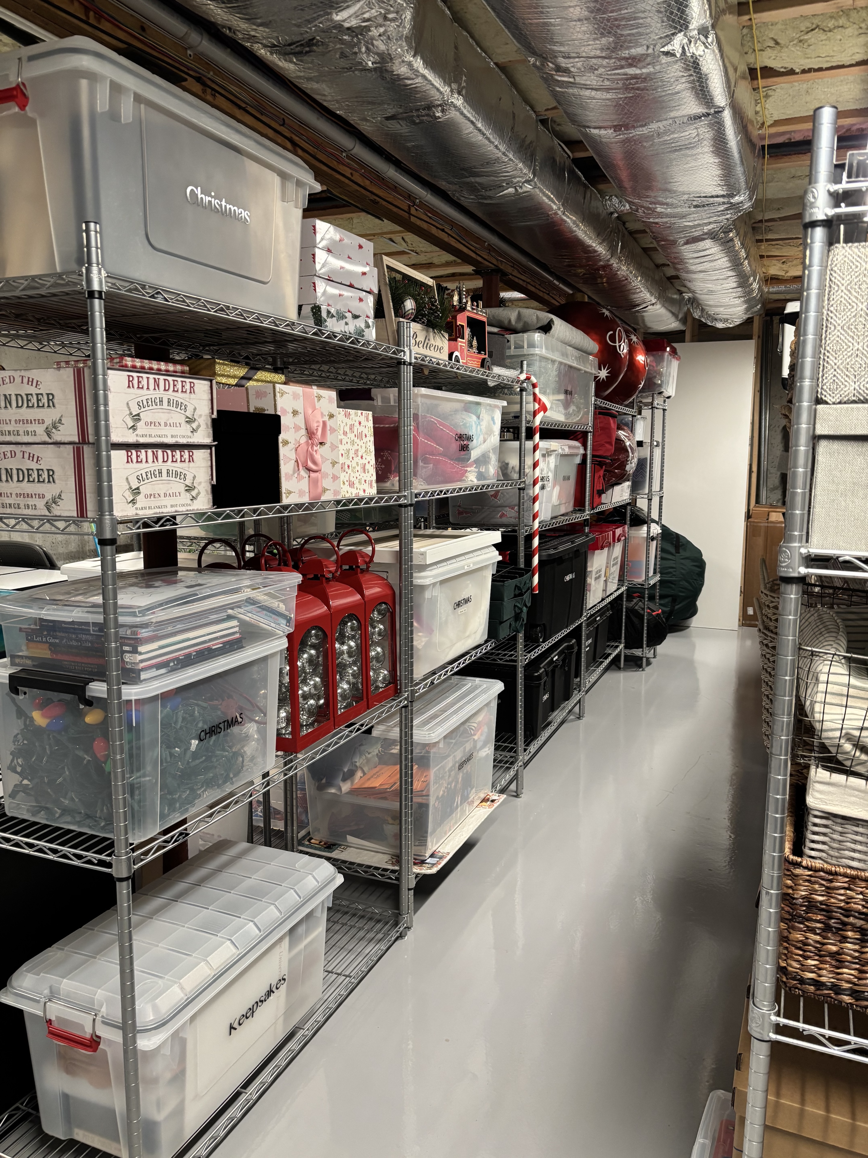 Christmas decoration storage with labels on storage units