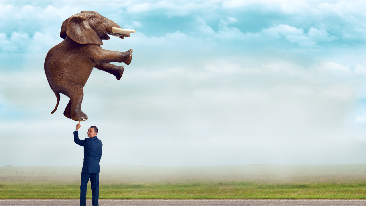 man in blue suit standing in field balancing elephant on one finger