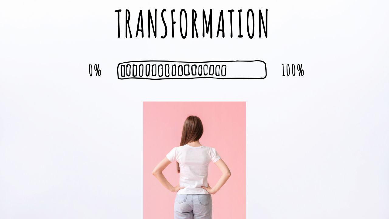 woman standing in front of transformation meter going from 0% to 100%