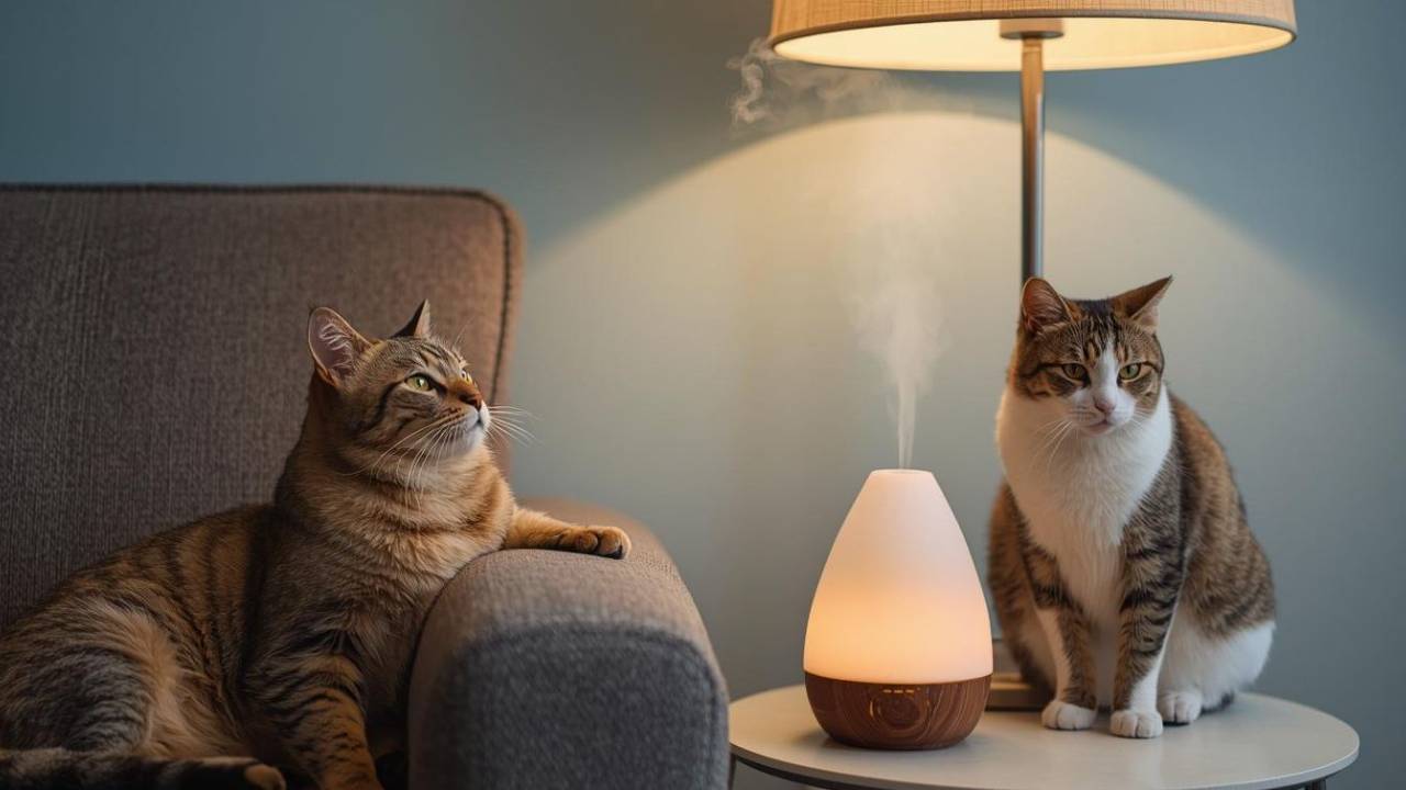 two cats sitting on a sofa next to a misting diffuser